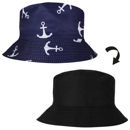 SOH-001 Bucket Hat Wendehut Fischerhut Anglerhut Motiv: Maritim dunkelblau mit weißem Anker