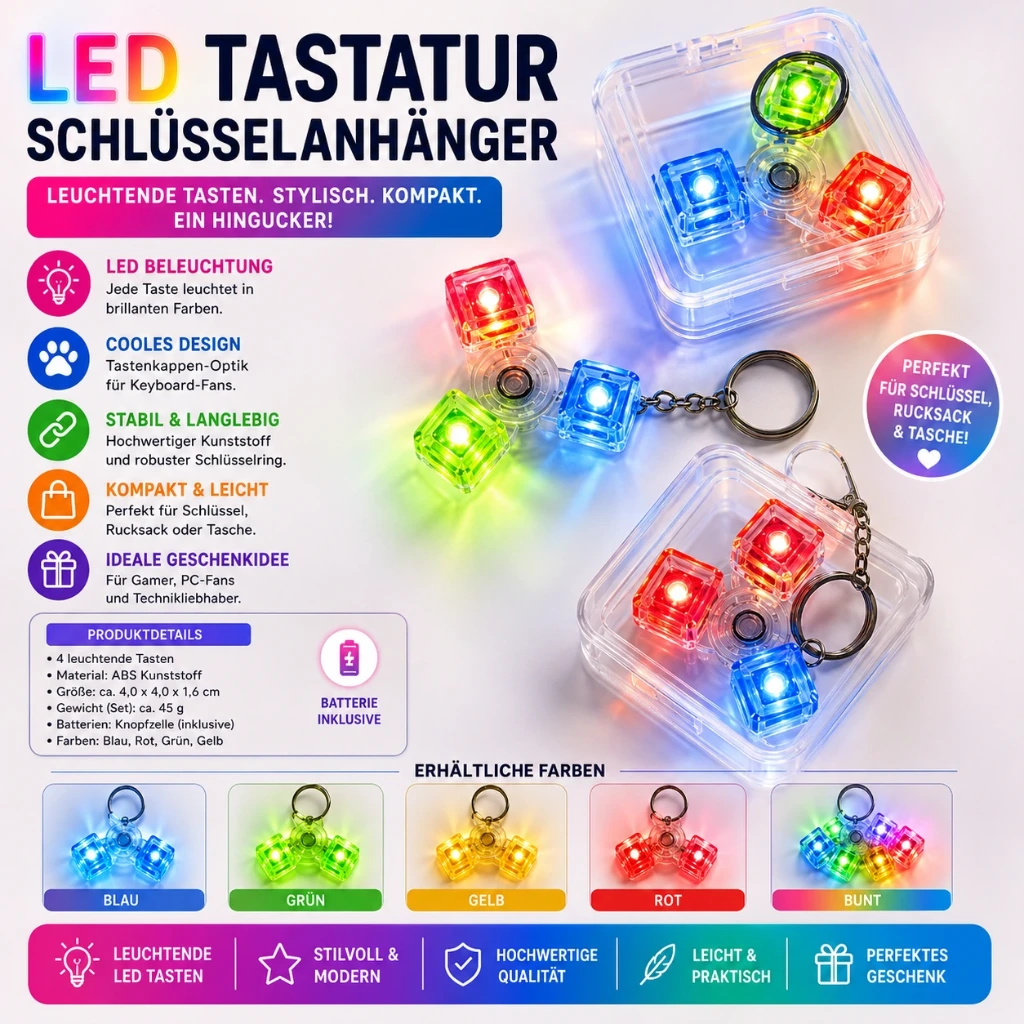 [SA-1008] LED Schlüsselanhänger 3-er Tastatur bunt mit Licht zum Drehen