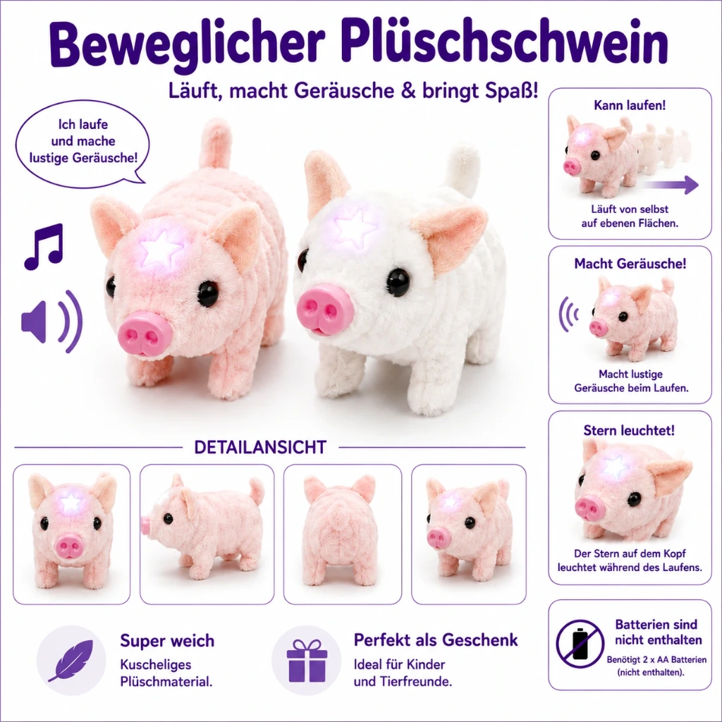 [PLI-14] Bewegliches Plüschschwein mit Sound – Laufendes Kuscheltier, Farblich sortiert, Batterien nicht enthalten