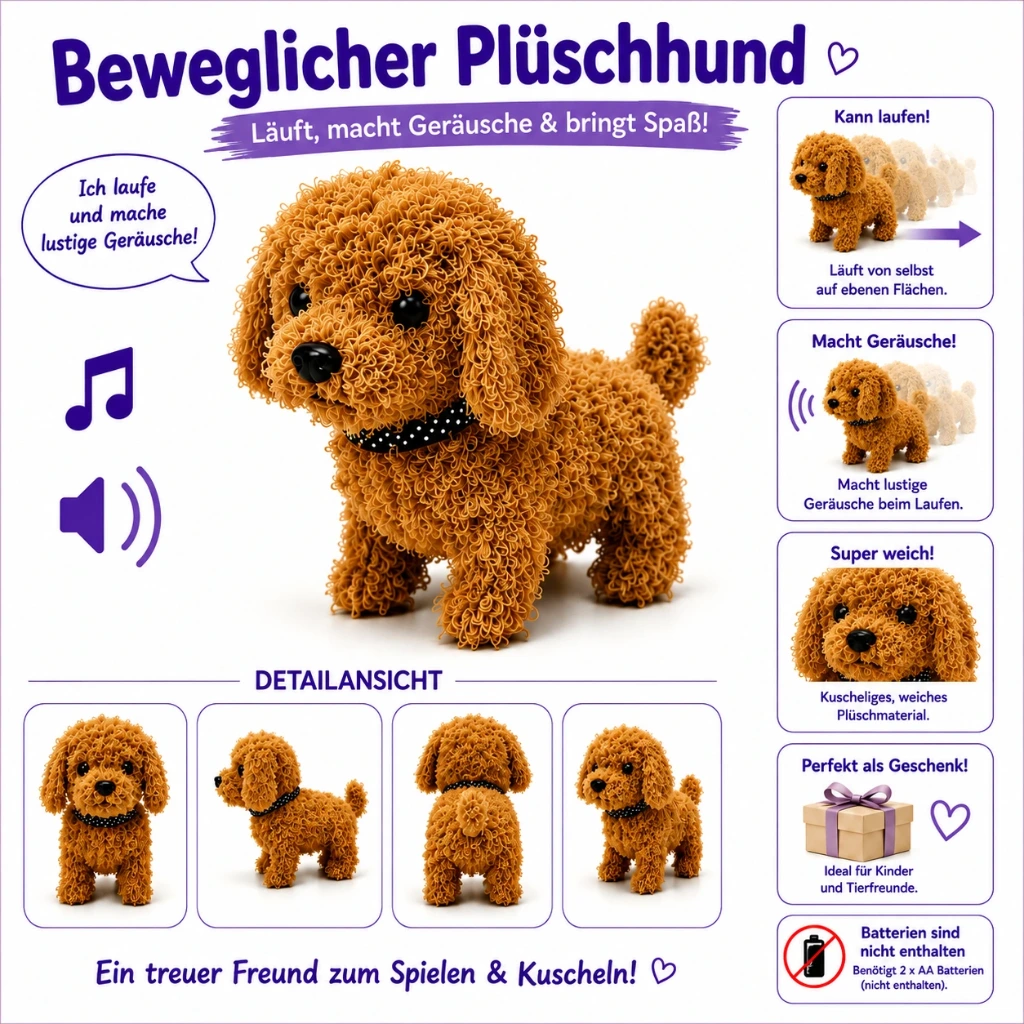 [PLI-15] Beweglicher Plüschhund mit Sound – Laufendes Kuscheltier, Farblich sortiert, Batterien nicht enthalten