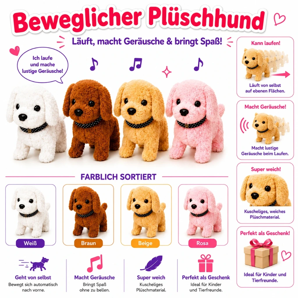 [PLI-16] Bewegliches Plüschhund mit Sound – Laufender Hund, Farblich sortiert, Batterien nicht enthalten