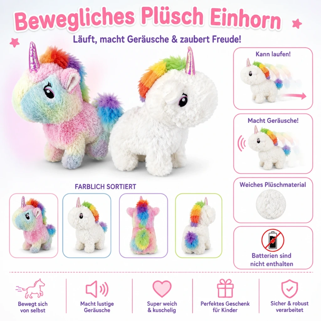 [PLI-17] Bewegliches Plüscheinhorn mit Sound – Laufendes Einhorn, Farblich sortiert, Batterien nicht enthalten