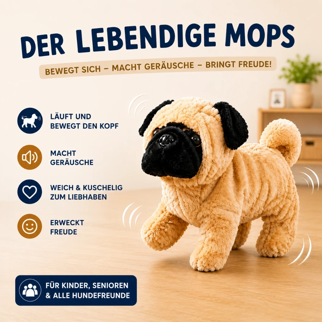 [PLI-10] Beweglicher Plüschhund Mops mit Sound – Laufender Hund, Farblich sortiert, Batterien nicht enthalten