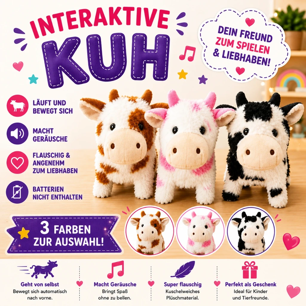 [PLI-13] Bewegliche Plüsch Kuh mit Sound – Laufende Kuh, Farblich sortiert, Batterien nicht enthalten