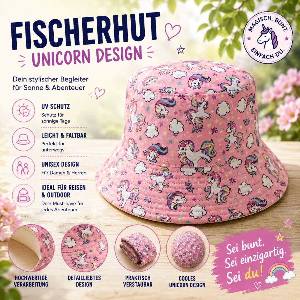 [SOH-210] SOH-210 Bucket Hat Wendehut Fischerhut Anglerhut Motiv: Einhorn rosa