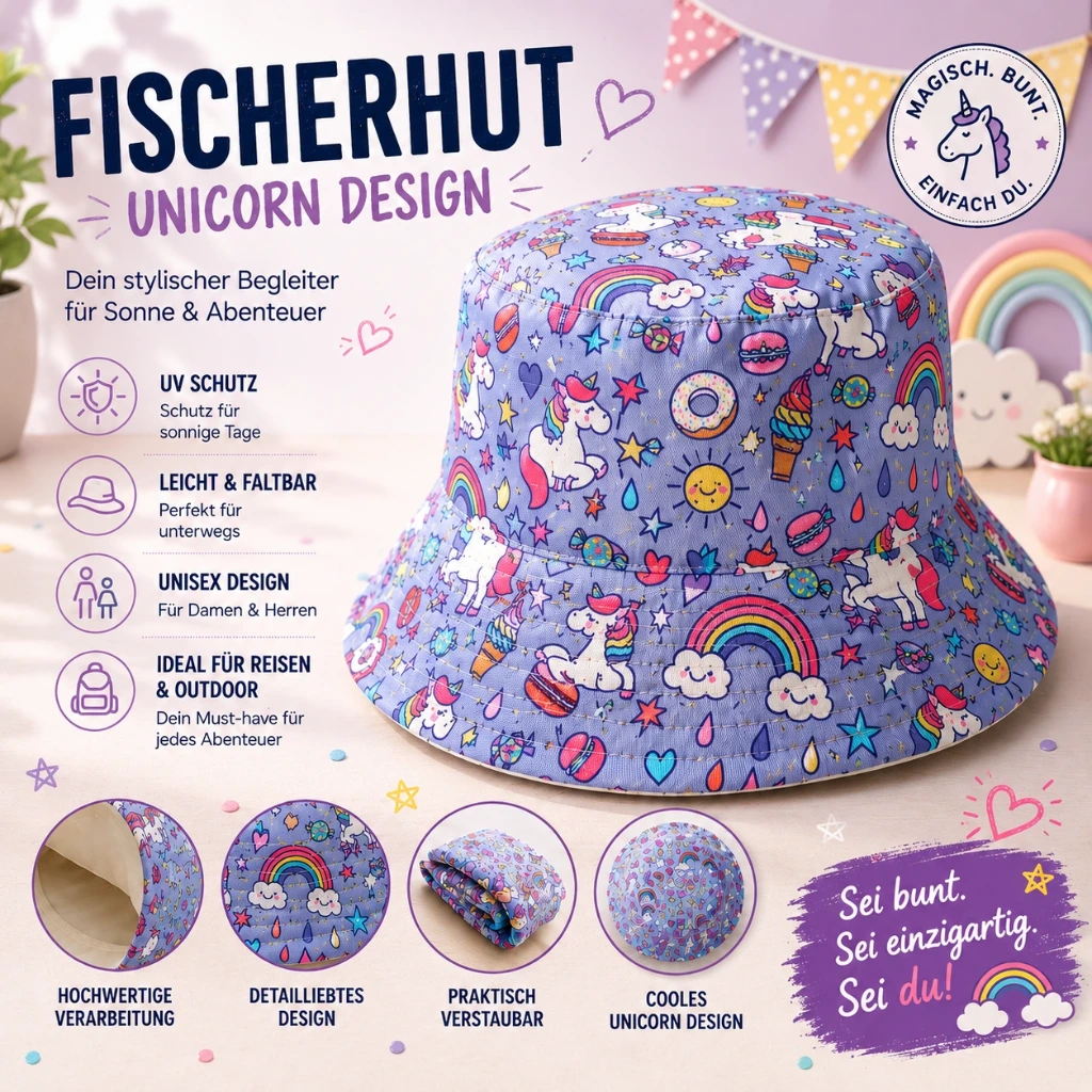 [SOH-211] SOH-211 Bucket Hat Wendehut Fischerhut Anglerhut Motiv: Einhorn lila