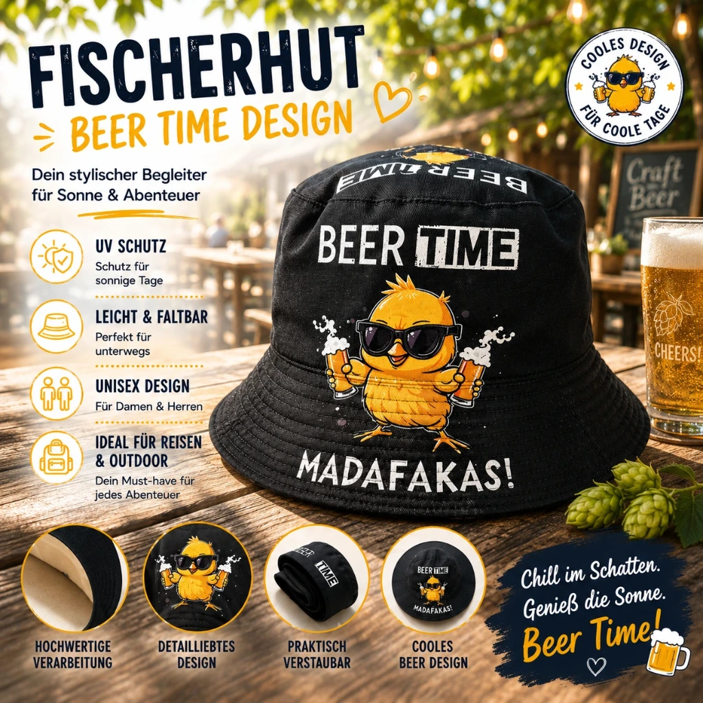 [SOH-420] SOH-420 Bucket Hat Wendehut Fischerhut Anglerhut Motiv: Beer Time schwarz