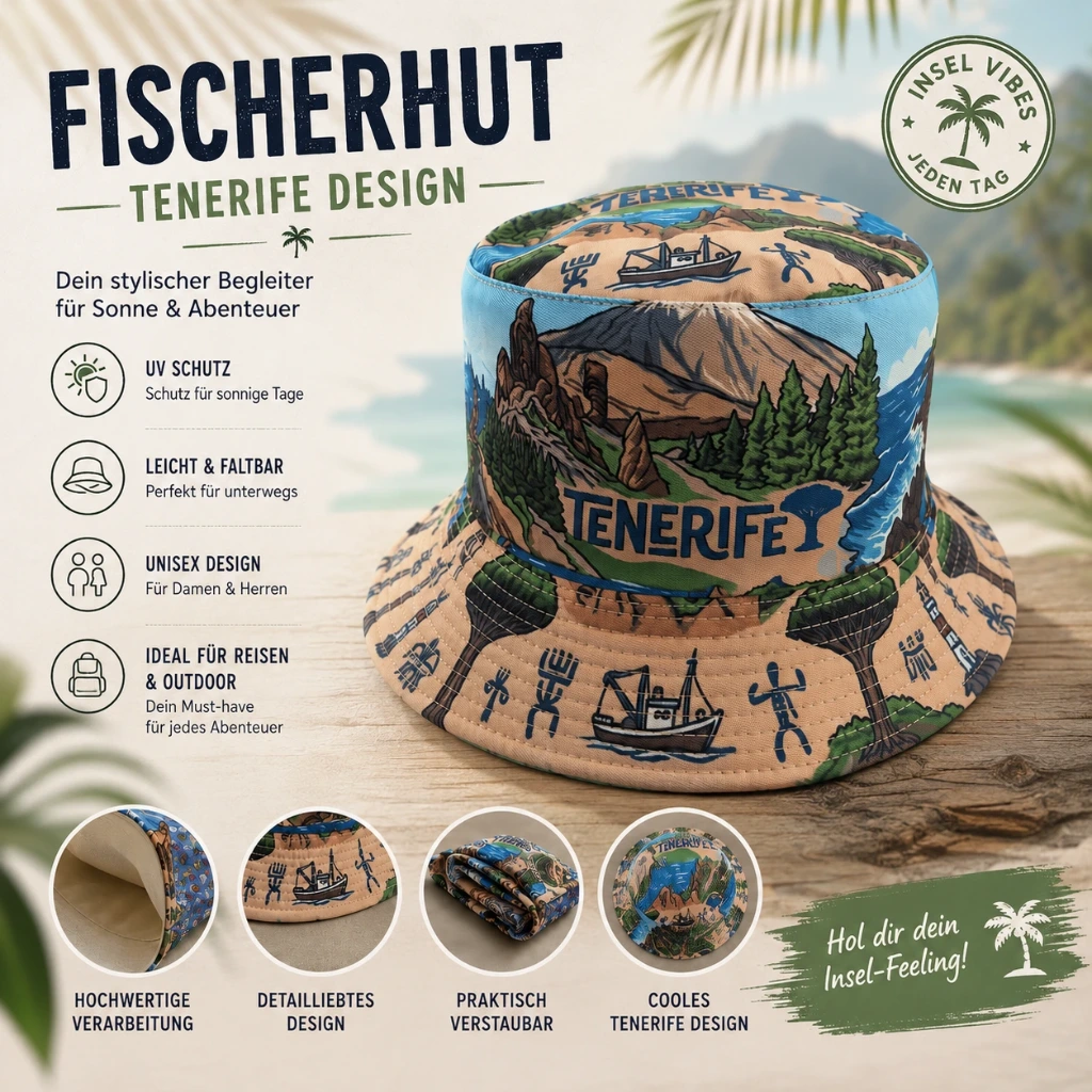 SOH-215 Bucket Hat Wendehut Fischerhut Anglerhut Motiv: Tenerife bunt