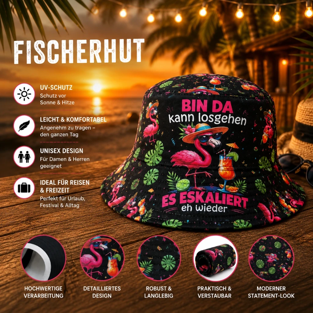 SOH-410 Bucket Hat Wendehut Fischerhut Anglerhut Motiv: Flamingo