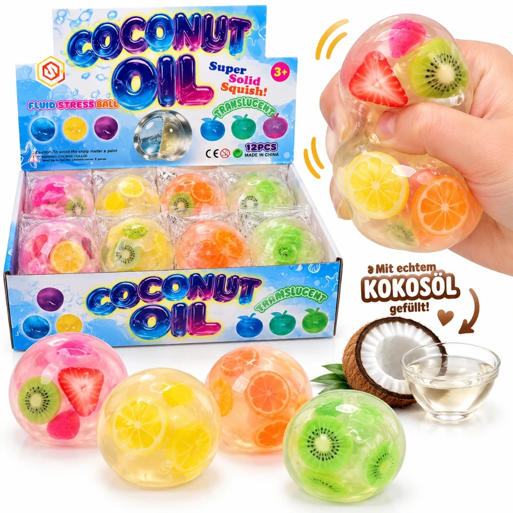 [SQD-169] SQD-169 Squishy Früchte-Ball – transparenter Quetschball mit bunten Früchten, Ø ca. 5 cm