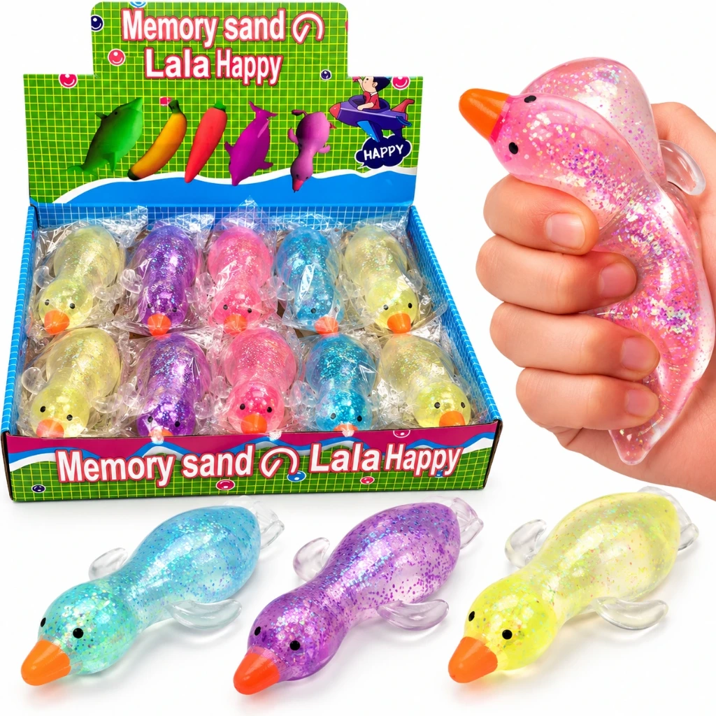 [SQD-195] SQD-195 Squishy Ente mit Maltosesirup & Glitzer – farblich sortiert – 12 Stück im Display