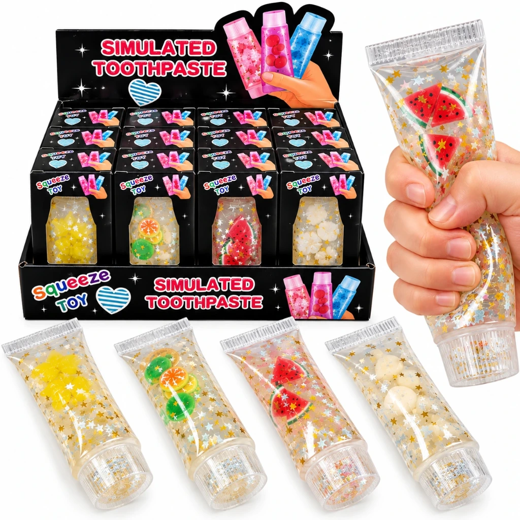 [SQD-212] SQD-212 Squishy Zahnpastatuben – 12 Stück im Display – mit Glitzer & Fruchtstückchen – farblich sortiert
