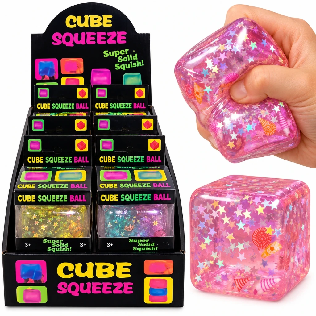 SQD-194 Cube Squeeze Ball – Transparenter Squishy-Würfel mit Glitzer & Meeresmotiven