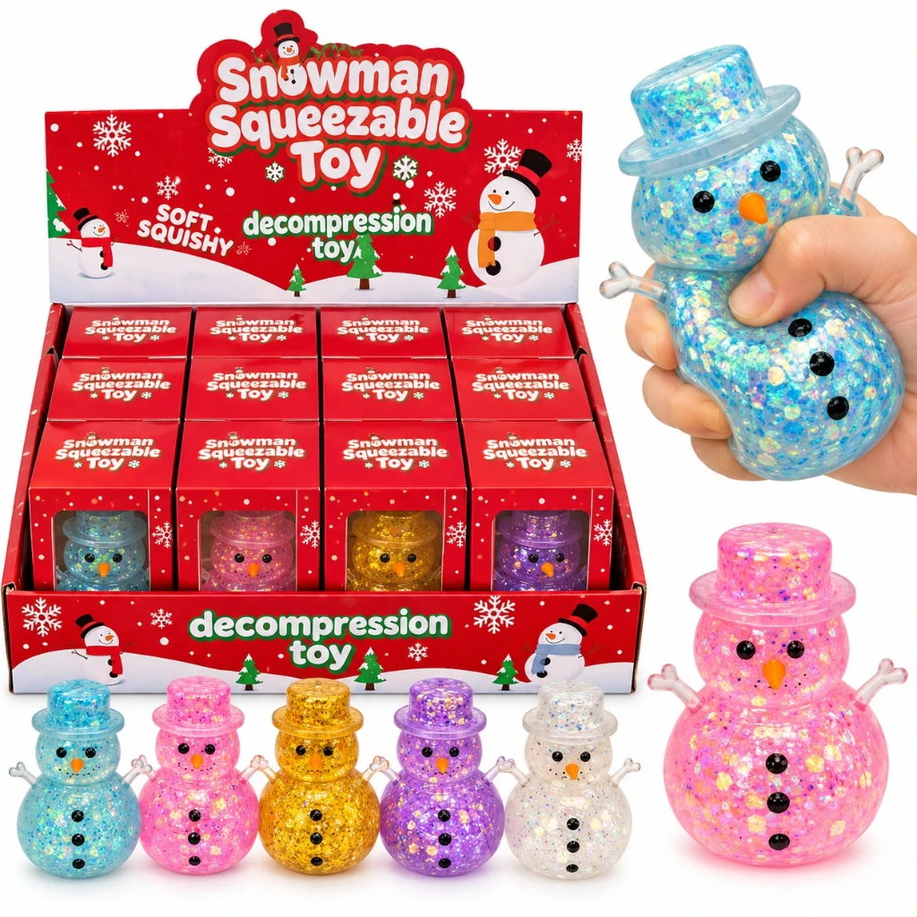 [SQD-190] SQD-190 Snowman Squishy mit Glitzer – Schneemann Anti-Stress-Spielzeug – Farblich sortiert – 12 Stück im Display