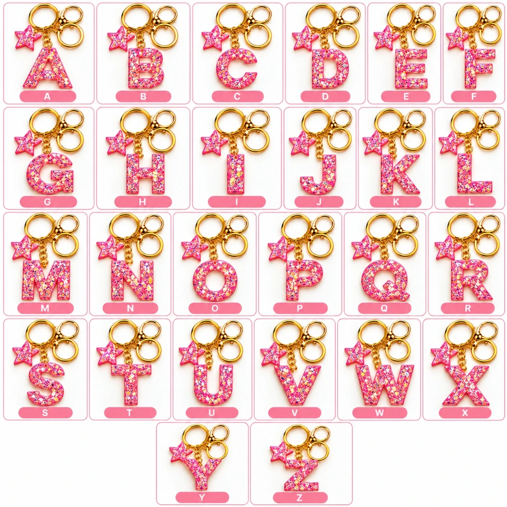 [SA-1029-A] SA-1029 6er Set Schlüsselanhänger mit Buchstaben – Alphabet A–Z – Glitzer Rosa – ca. 4 cm – abgerundete Kanten (A)