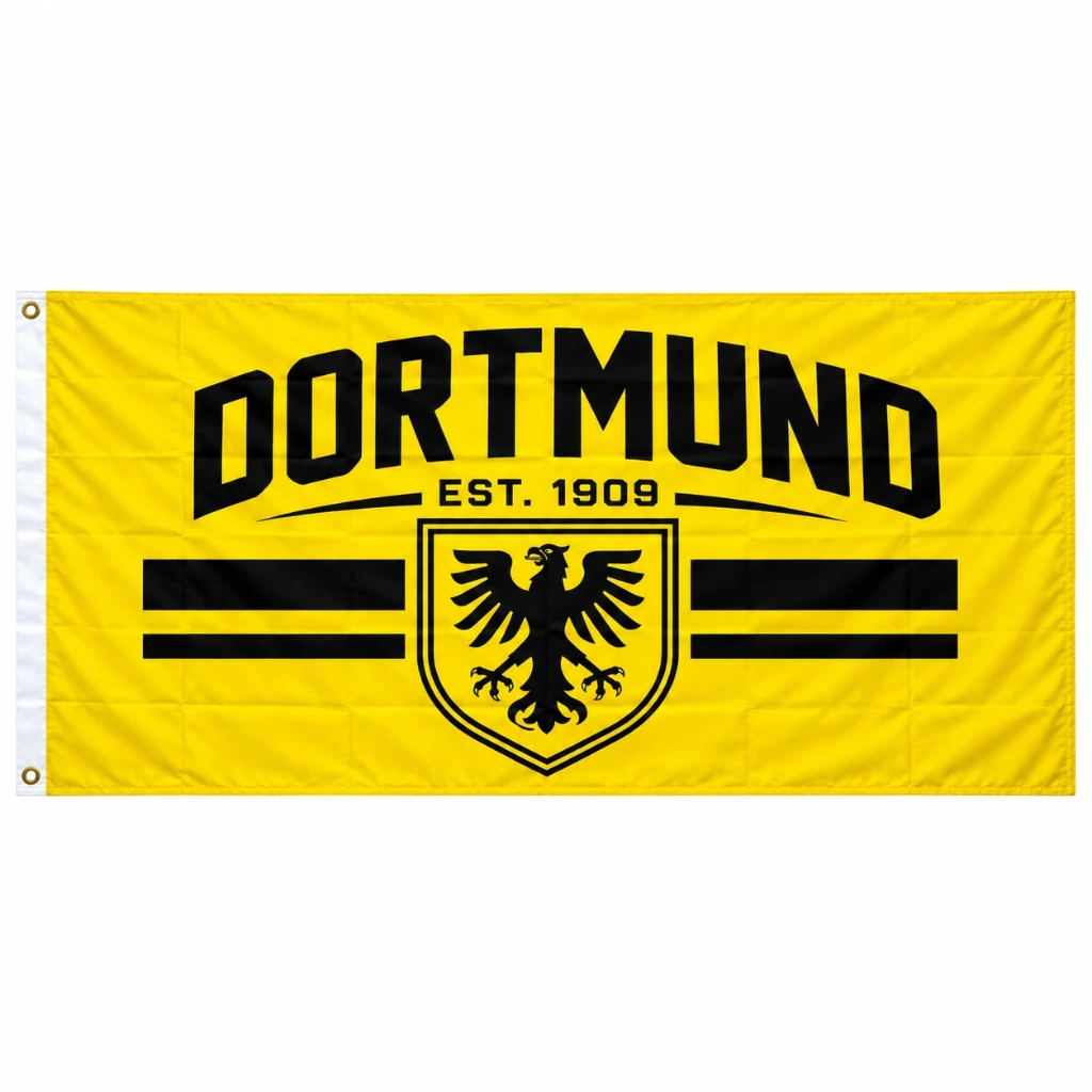 [FL-004] FL-004 Flagge Dortmund „EST. 1909“ – Gelb-Schwarz – 150 × 90 cm – mit 2 Ösen – für Innen & Außen