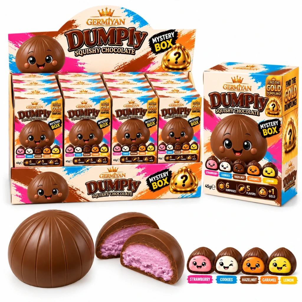 [Schoko-01] Schoko-01 Dumpy Squishy Chocolate – Schokoladen-Dumpling Mystery Box, 45 g, 5 Geschmacksrichtungen sortiert, 12 Stück im Display